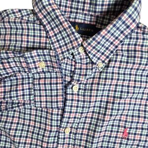 Ralph Lauren Button Down Shirt Mens Large Blue Pink Plaid Gingham Micro Check